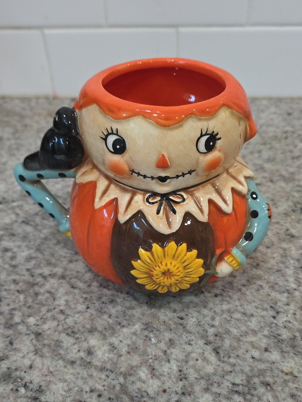 Hand-Painted Orange Pumpkin Scarecrow Ceramic Planter with Sunflower Accent